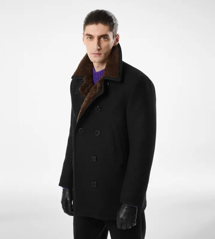MELTON WOOL SHEARLING PEACOAT COMBO BLACK & BROWN online